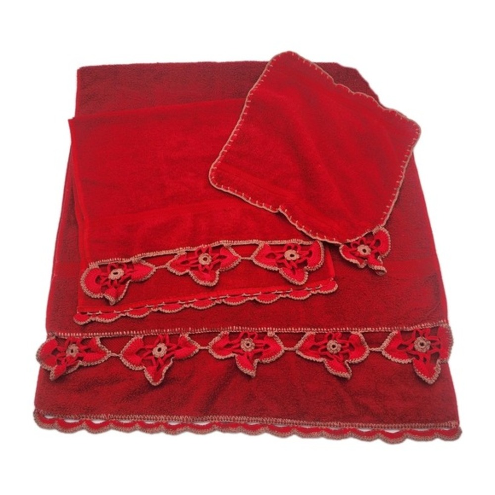 Vintage Sears Cotron Bath Towel Red 3 Piece Set Crocheted Floral Accents Rare